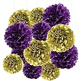 Purple & Gold Tissue Paper Pom-Poms - Hanging Paper Pompoms Flower Ball Wedding, Birthday Party Decoration (6pcs 12in & 10in)