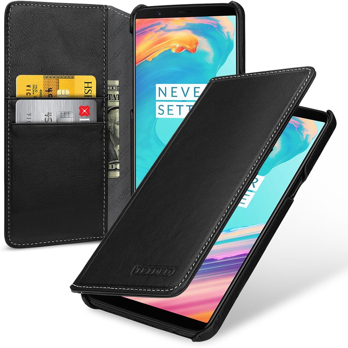 TETDED Premium Leather Case for OnePlus 5T Dual SIM, Book Type, Mellac II (Nappa Black)