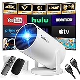 Mini Projector with WiFi and Bluetooth Built-in Apps Smart Projector Support 4K 1080P FHD 180° Adjustable Auto Keystone Compatibile with HDMI/TV Stick/Memory Stick/Laptop, White