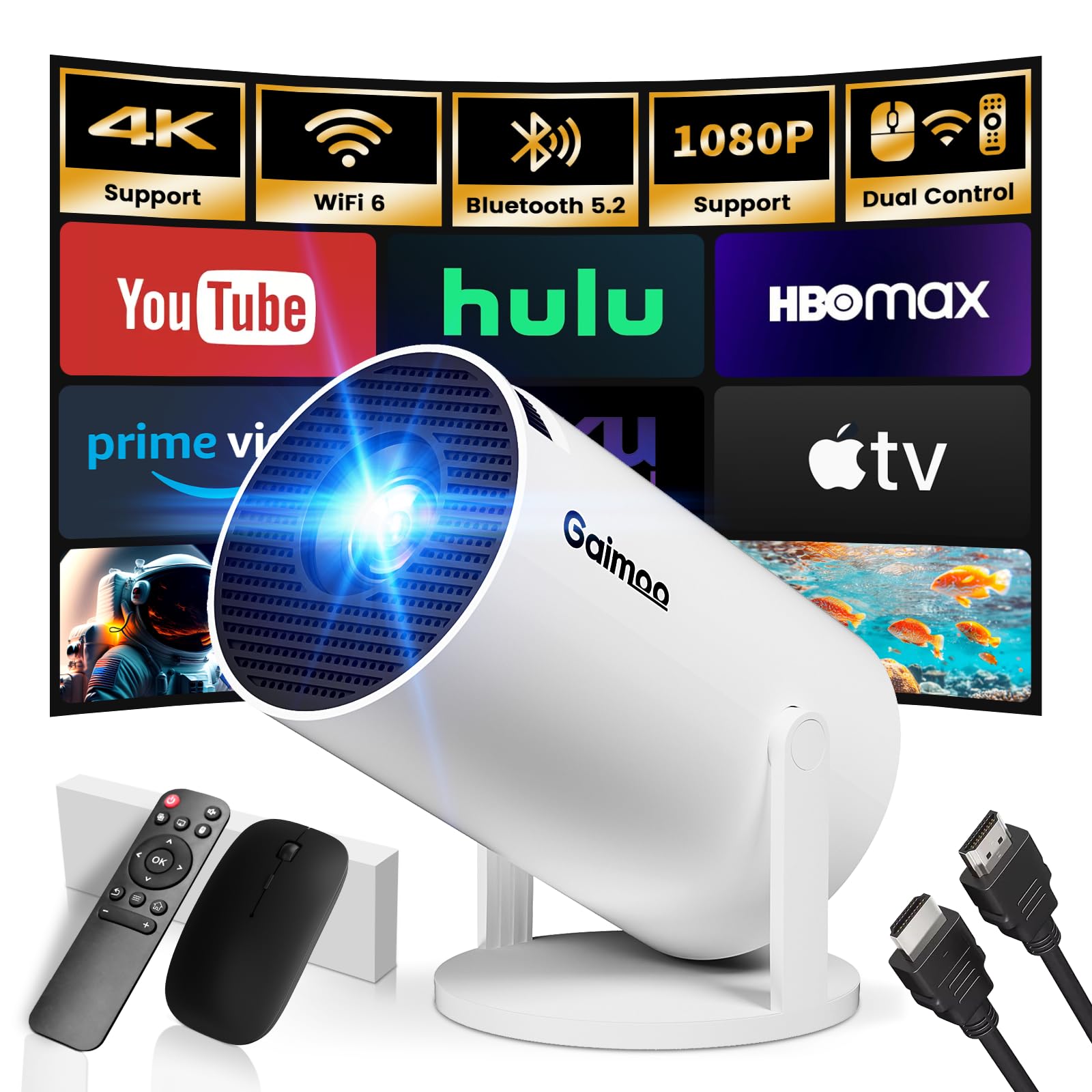 Photo 1 of Mini Projector with WiFi and Bluetooth Built-in Apps Smart Projector Support 4K 1080P FHD 180° Adjustable Auto Keystone Compatibile with HDMI/TV Stick/Memory Stick/Laptop, White