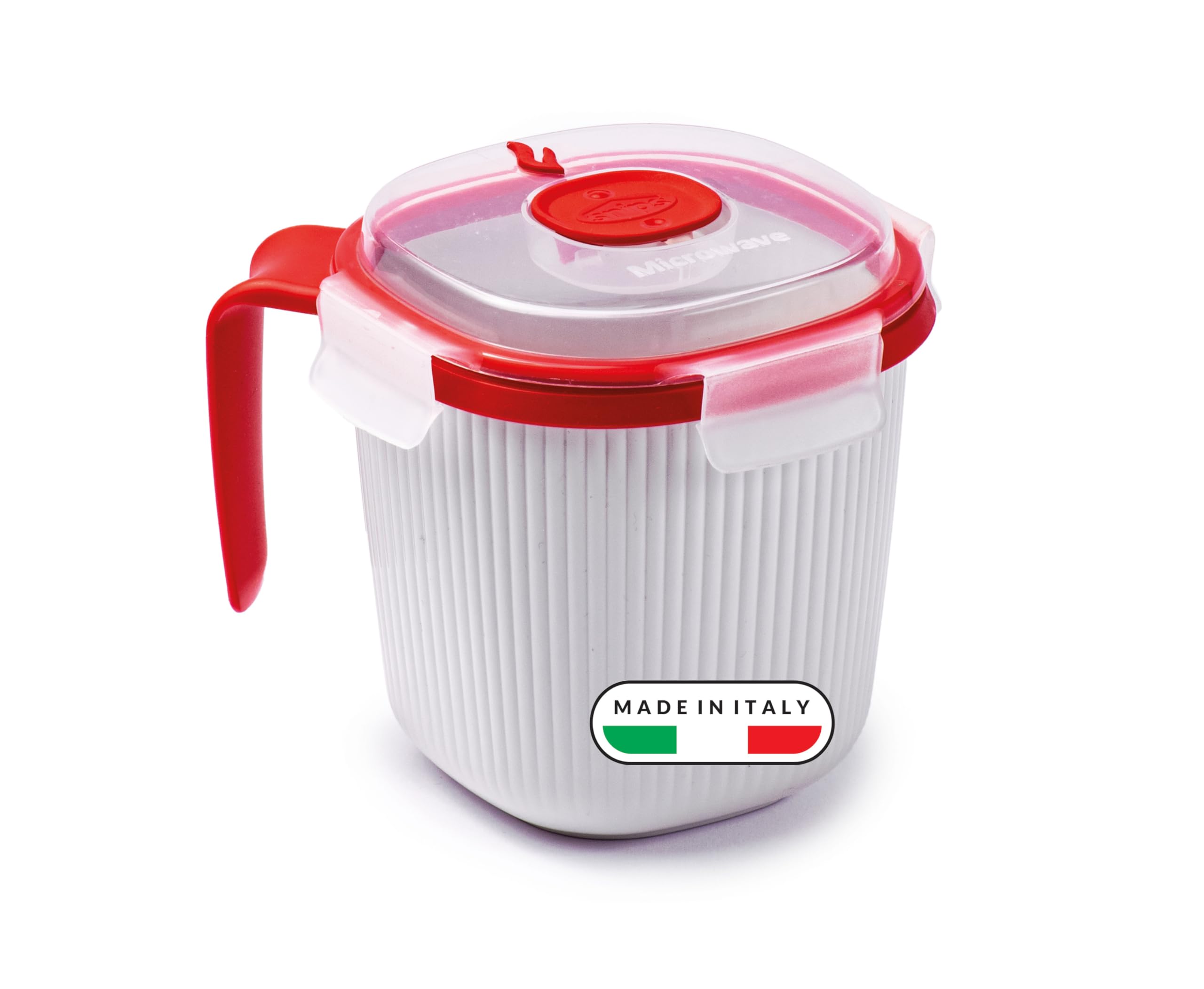 Snips Microwave Mug, Microwave Soup Mug with Lid, 0,70 LT, 14,5 x 14,5 x 12 cm, Microwave Container, White and red, 100% Made in Italy, 0% BPA