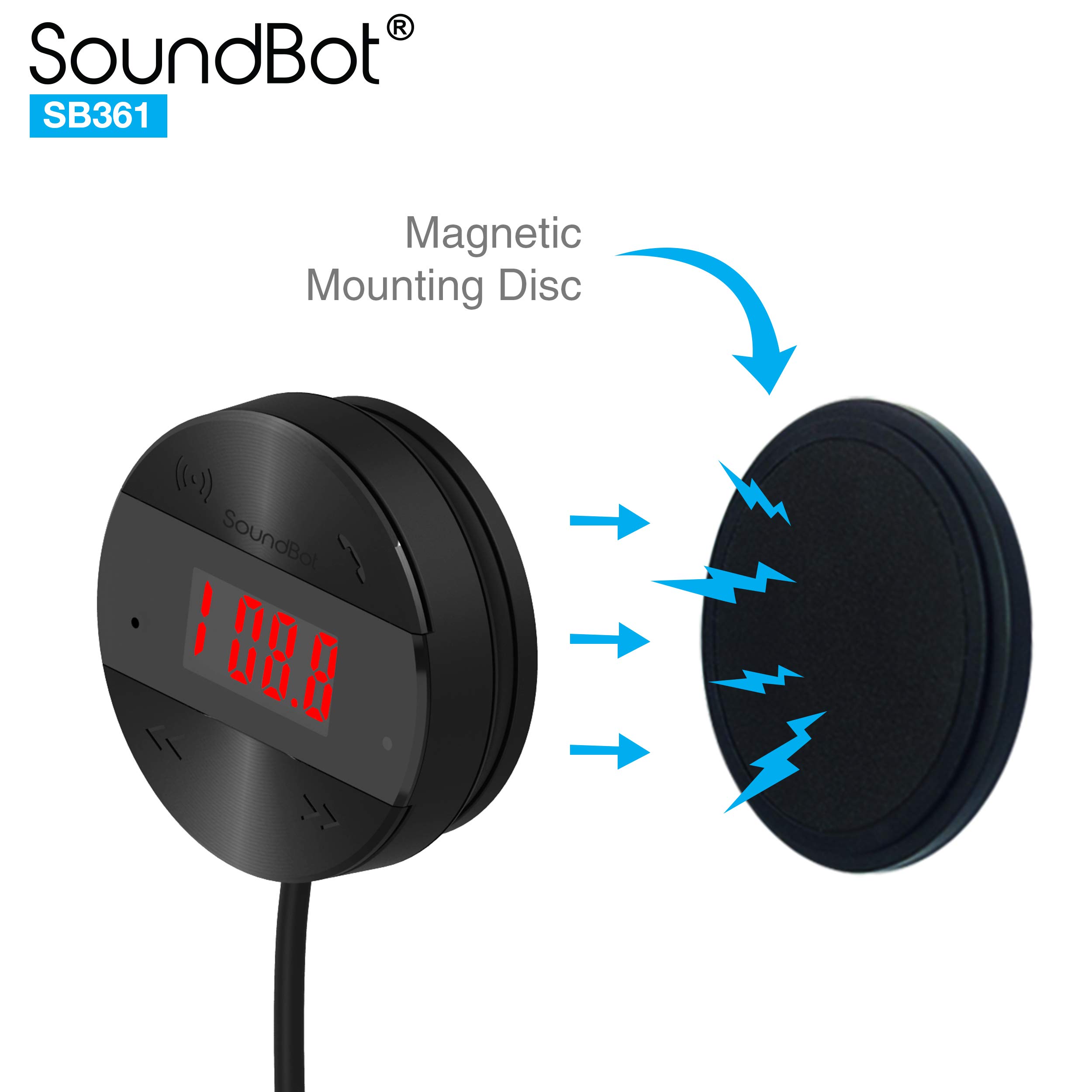 Soundbot SB361 FM Radio Wireless Car Kit Universal Receiver Transmitter Accessory Full Spectrum HD Music Streaming Hands Free Talking LED Display Voice Command Built-in Mic USB ChargerSB361-BLK/BLK