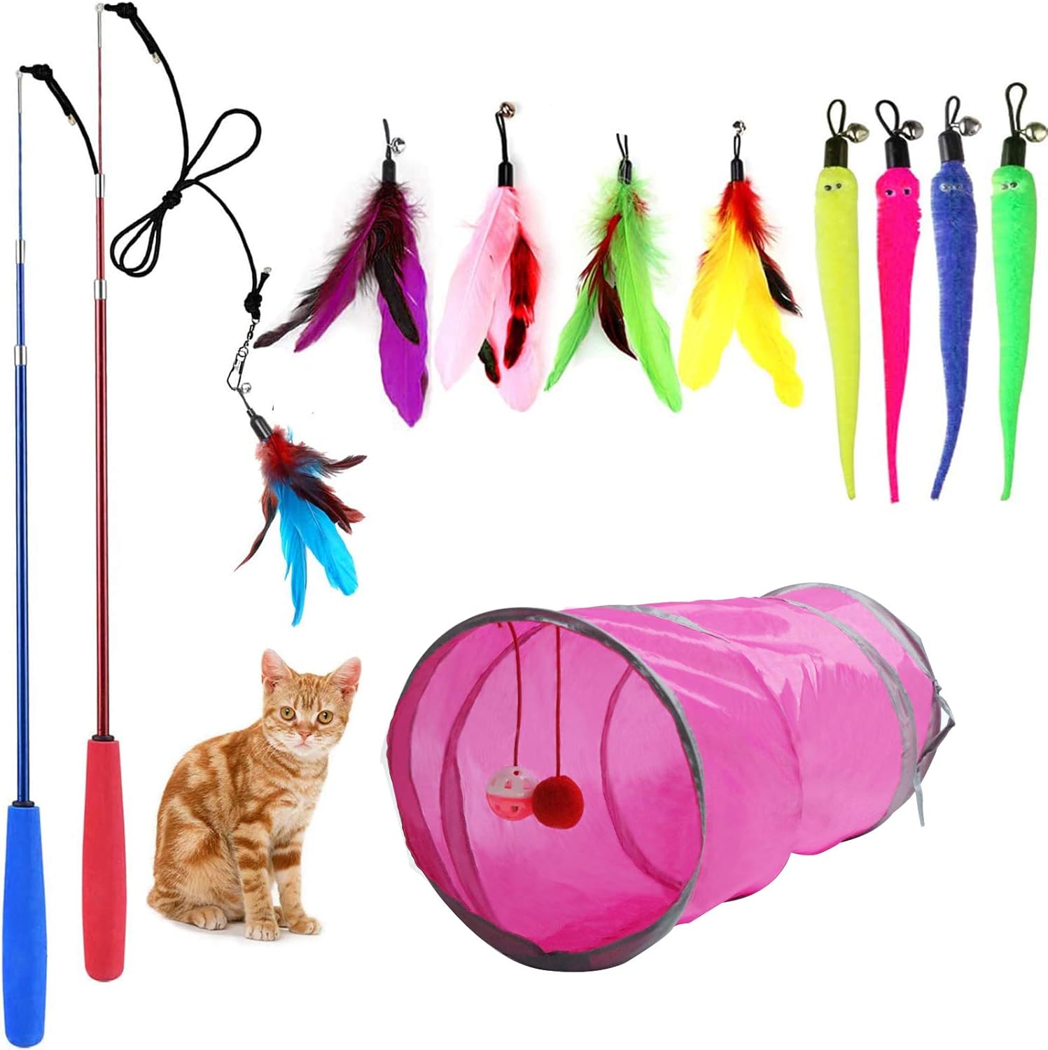 M JJYPET Retractable Cat Toy Wand, 12 Packs Interactive Cat Feather Toys, 9 Assorted Teaser Refills with Bell for Cat Kitten (Blue) : Pet Supplies