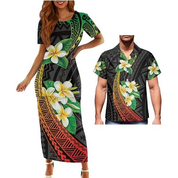 Couple Matching Hawaiian Outfit Set - Polynesian Tribal Print Aloha Shirt & Midi Dress For Beach Vacation & Luau - View #7
