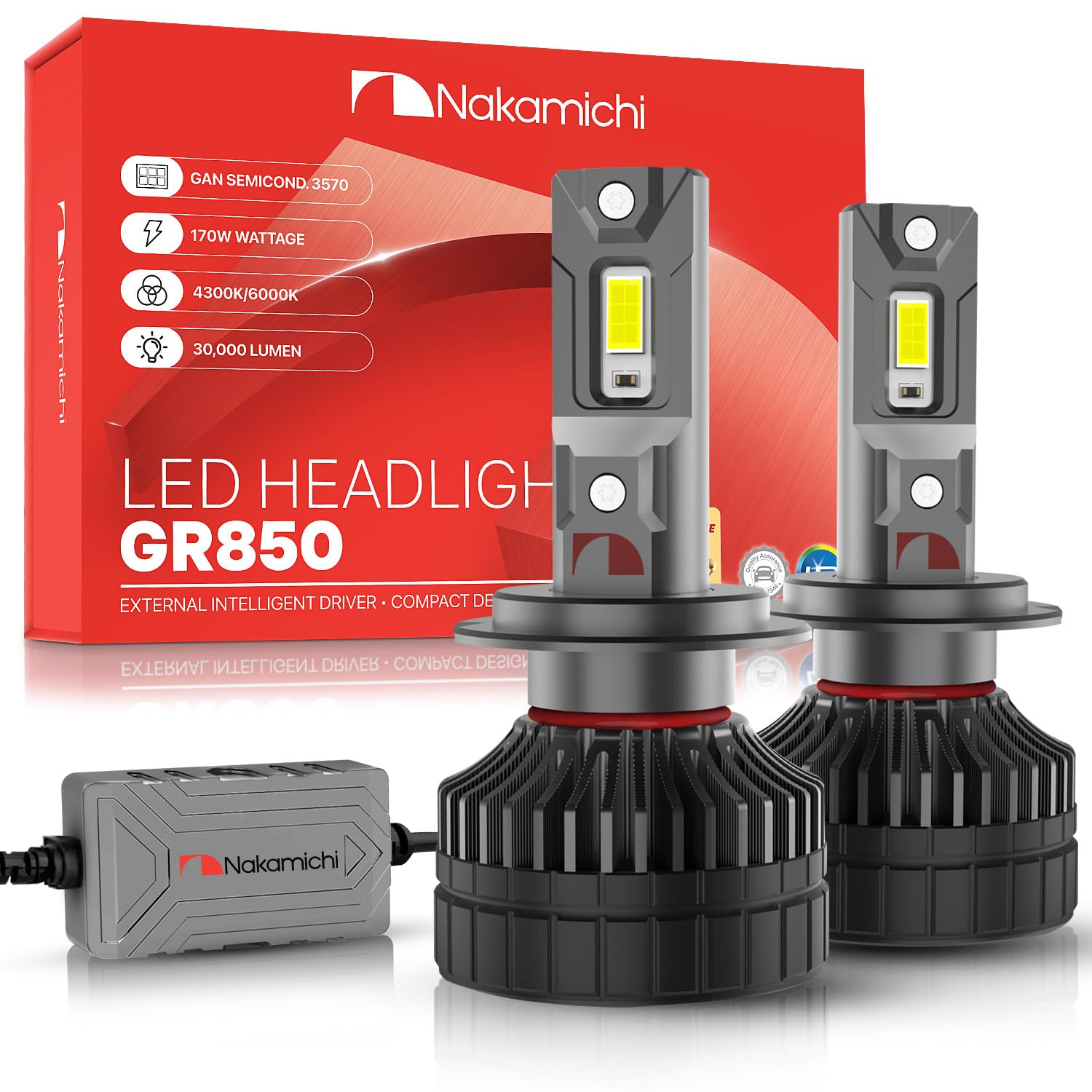 Nakamichi GR850 Series H7 LED Light Bulbs for Replacement, 30,000 Lumens 170W Per Set, Super Bright Daylight White, Plug and Play, High & Low Beam, Pack of 2 6000K, H7