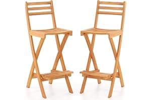 COSTWAY Outdoor Folding Bar Stools Set of 2, Acacia Wood High Top Chairs with Slatted Backrest, Safety Lock, Space-Saving Pat