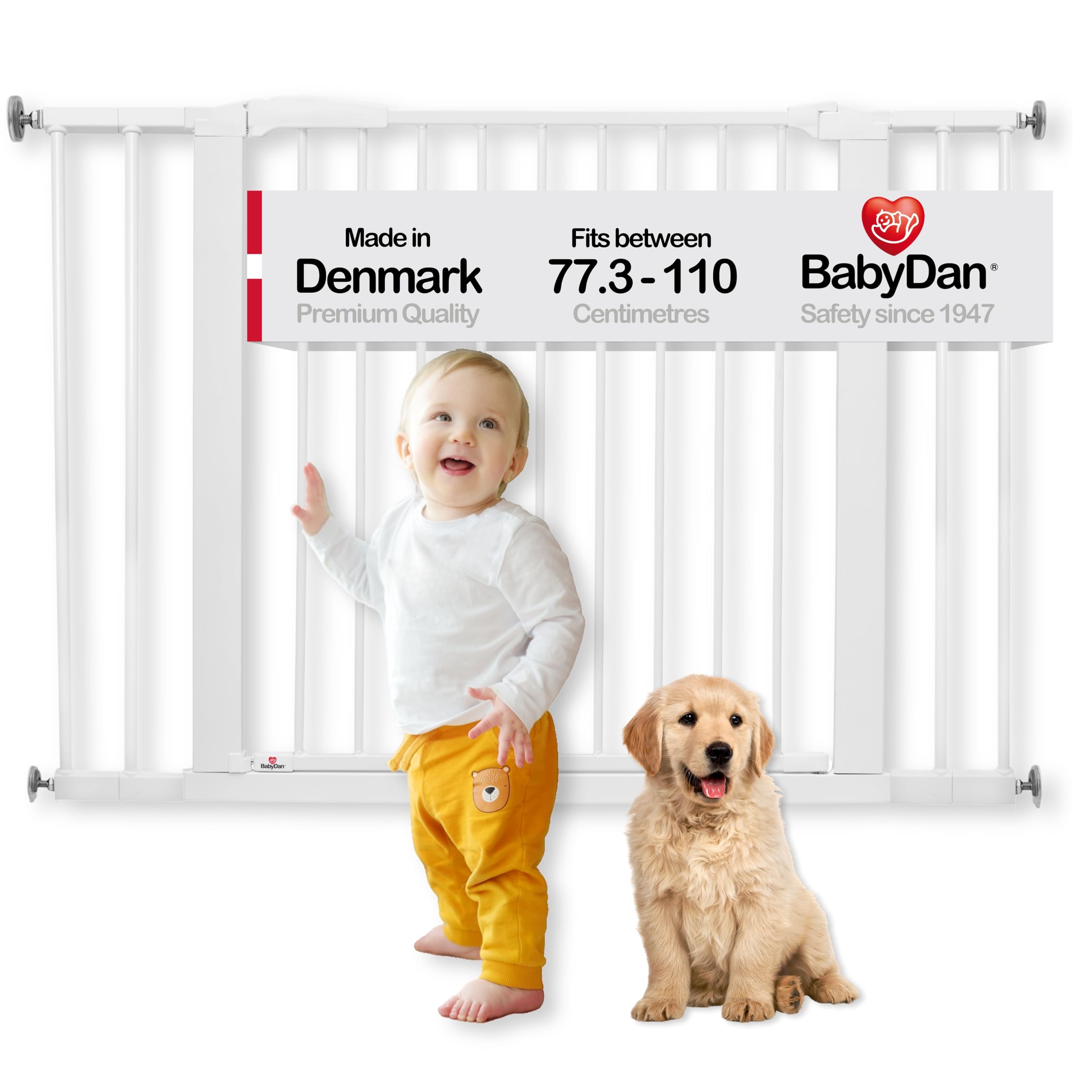 BabyDan Perfect Close, Pressure Fit Stair Gate, 77.3-110 cm, Baby Gate/Safety Gate, White, Made in Denmark - (Pet Gate/Dog gate)