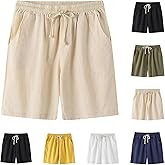 Men's Linen Cotton Shorts 5 Inch Inseam Drawstring Elastic Waist Lightweight Casual Summer Beach Shorts with Pocket