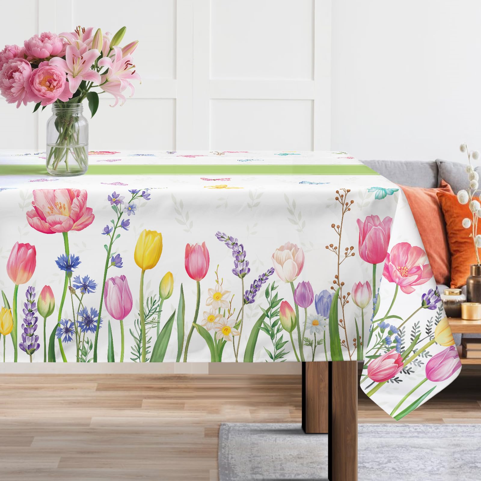 Photo 1 of Arquiel Tulip Floral Tablecloth Waterproof, Summer Flower Table Cloth Rectangle Stain Resistant, Washable Table Cover for Party Picnic Wedding Outdoor Dining Decor (60×84 Inch)