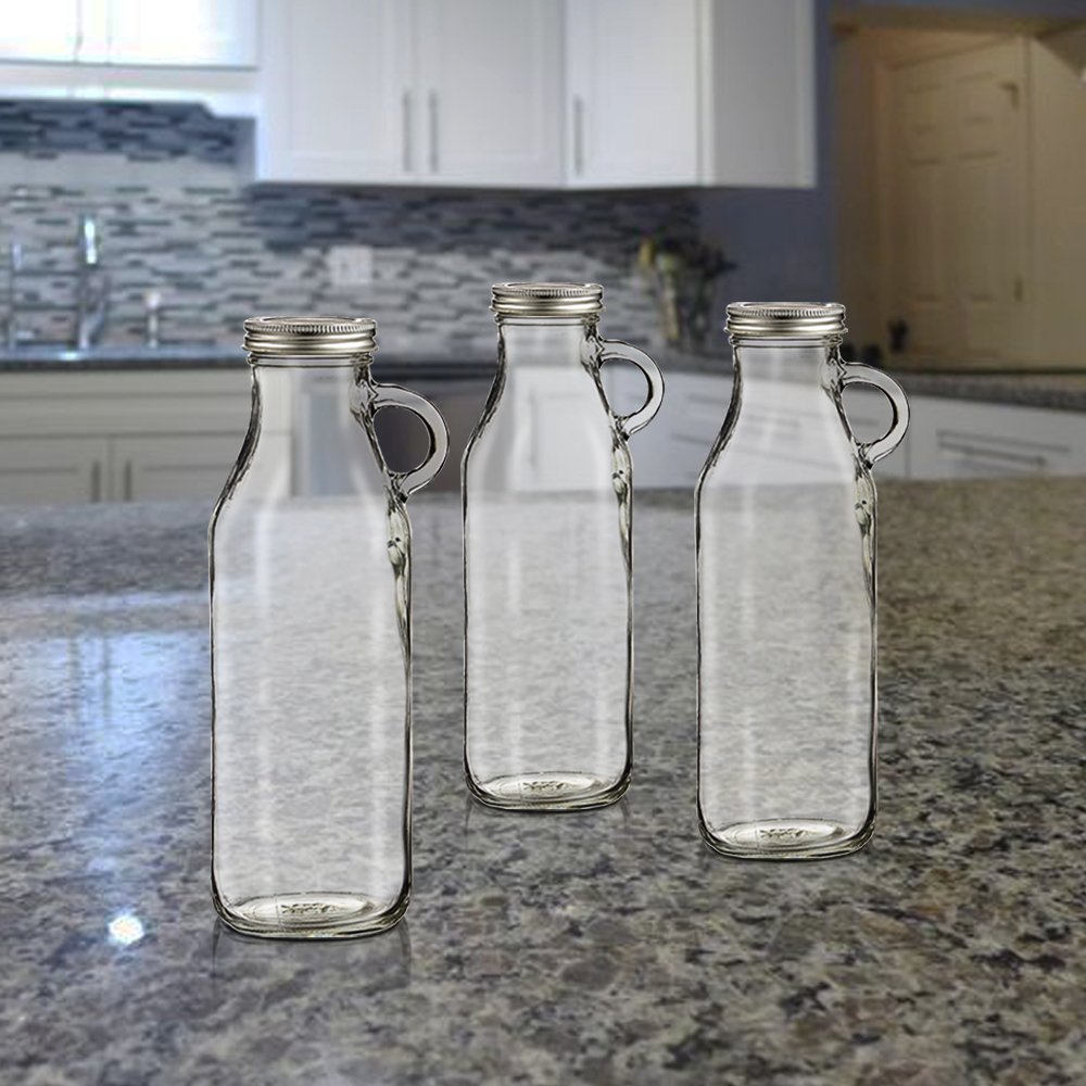 Set of 3 Clear Glass Milk Bottles Vintage Old Fashioned Design with