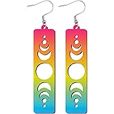 LGBTQIA+ Wooden Moon Phase Earrings, Pride Flag Dangle Earrings for LGBTQ Community, Rainbow Jewelry Gift for Gay, Lesbian, and All Identities