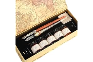 GC QUILL MU-02 Calligraphy Pen Set, Glass Dip Pen and Handcrafted Wooden Dip Pen Gift Set with 5 Colors Calligraphy Ink 6 Nibs, Calligraphy Set for Beginners