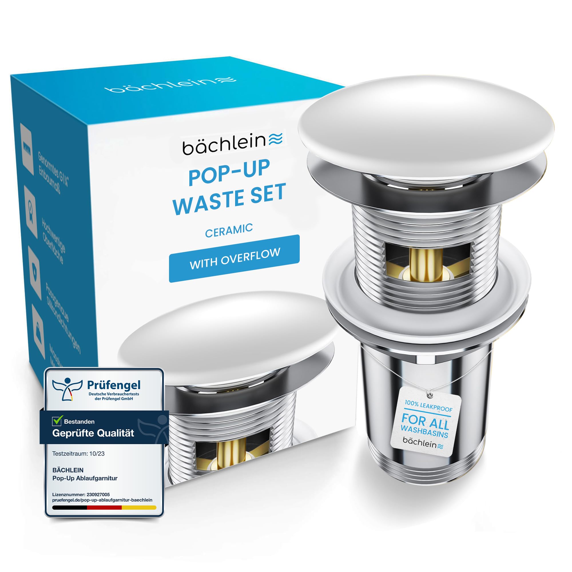Bächlein Universal Drain Fitting with Overflow (Ceramic) - Pop Up Valve for Sink and Washbasin - Brass Drain Valve with Installation Instructions