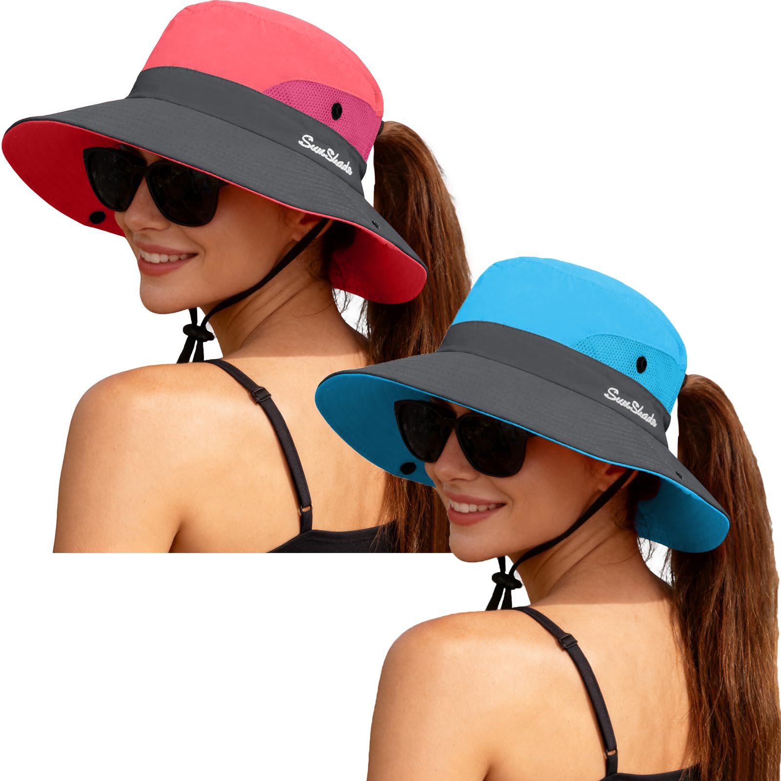 ZOORON 2 Pack Women's Ponytail Safari Sun Hat,Wide Brim UV Protection Outdoor Bucket Hat,Foldable Beach Summer Fishing Hat