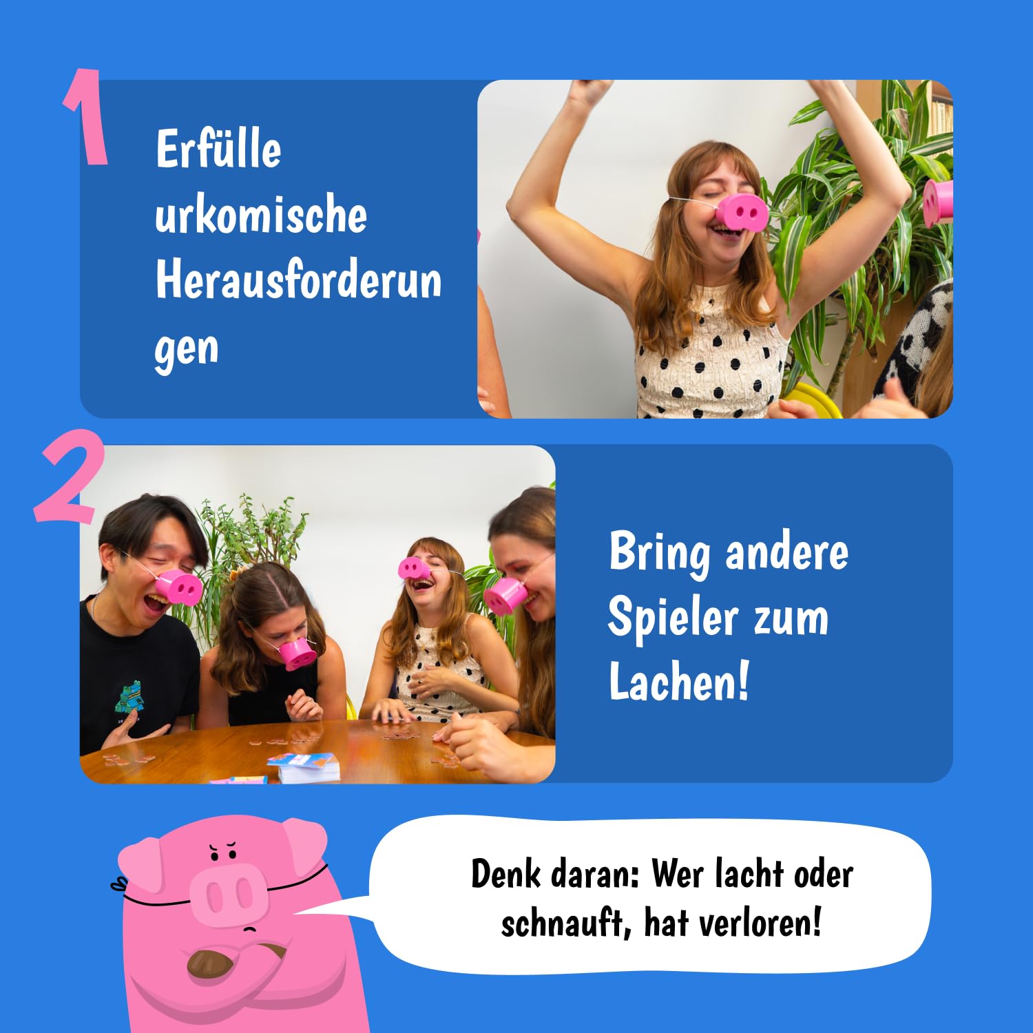 Lucky Egg Snort Funny - Partyspiele Für Erwachsene und Kinder - Wer Lacht, Hat Verloren – Familienspiele Mit 150 Challenge Cards, 5 Pig Snout – Lustige Spiele Für Freunde - 4–8 Spieler - Ab 8 Jahren 7