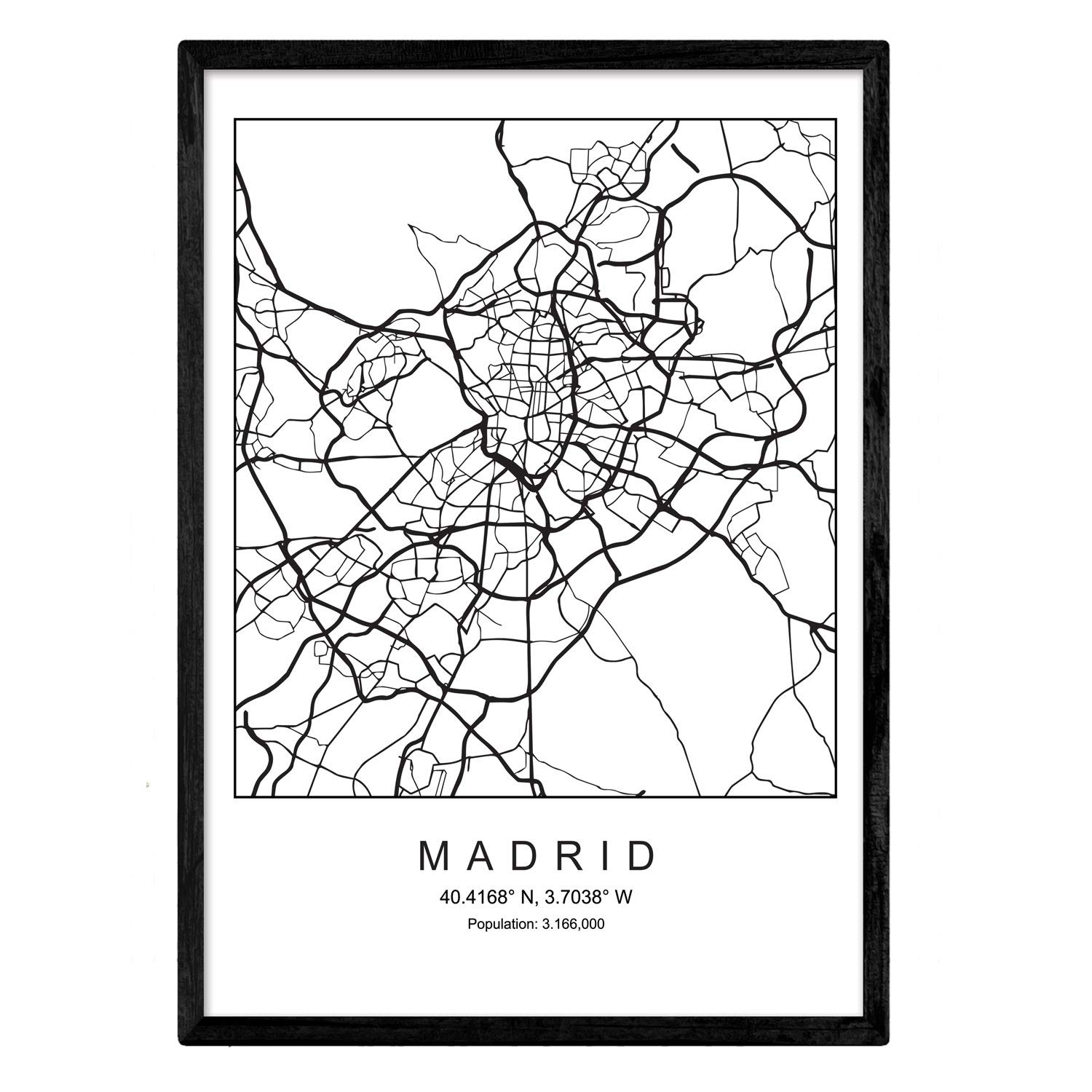 Print city map Madrid Nordic style black and white. Poster A4 Printed paper No 250 gr. Paintings, prints and posters for living room and bedroom