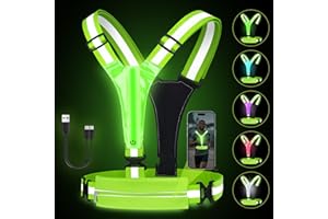 Fitense LED Reflective Running Vest with Phone Holder, Rechargeable 5 Colors Light Up Running Lights for Runners High Visibility Night Safety Gear, Adjustable for Men and Women
