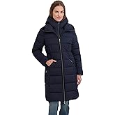 TAHARI Women's Slim Quilted Puffer Coat with Attached Hood, Velvet Bib Insert & Zipper Closure, Navy, Large