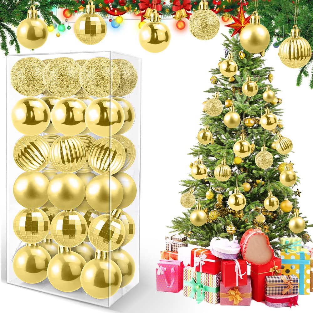 BUENTYA 36Pcs Christmas Ball Ornaments with Strings, 4cm Gold Christmas Tree Baubles, Shatterproof for Xmas Tree, Holiday, Wedding, Party (6 Styles)