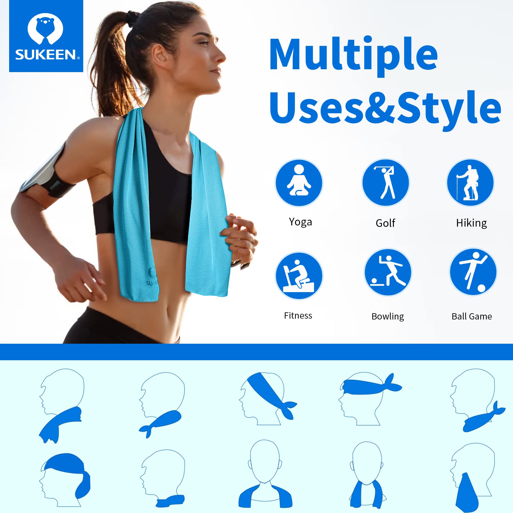 Sukeen 40"x12" Cooling Towel, 4 Pack Ice Neck Wrap Scarf, Soft Breathable Chilly Microfiber For