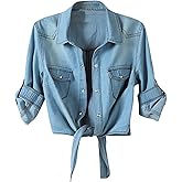 Simier Fariry Womens Tie Front Denim Shirt Summer Lightweight Jean Tops Roll Up 3/4 Sleeve Button Down Fall Cute Outfits
