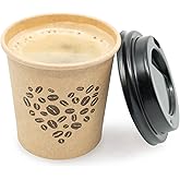 ECODESIGN-US Disposable Espresso Cups with Lids - 4 Oz - 50 Sets - Kraft Coffee Print - Small To Go Paper Cups with Tops for Home Office or Party
