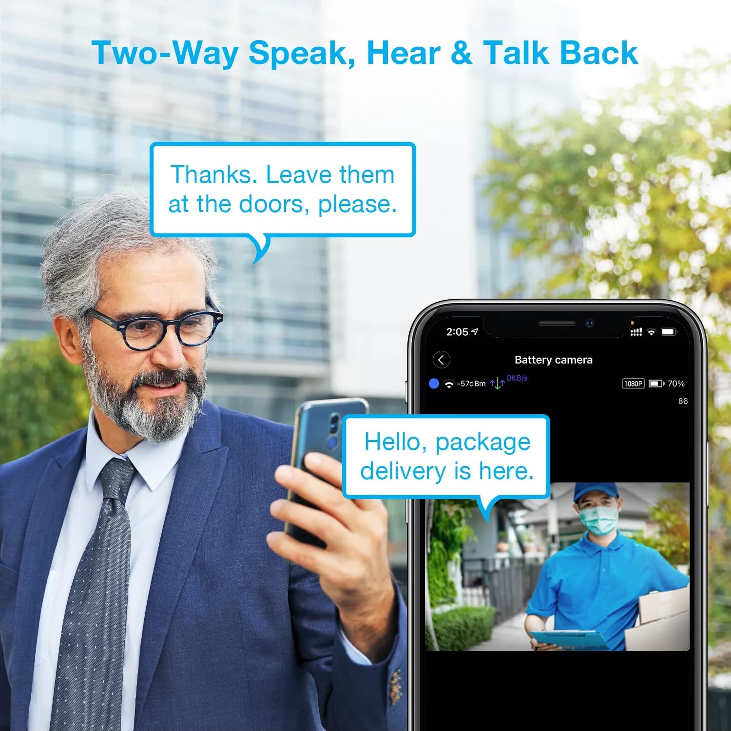 Man communicating with a delivery person via the REXING HS01 camera's two-way audio feature on his smartphone.