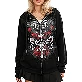 Karwuiio Women Men Zip Up Hoodie Y2k Vintage Graphic Oversized Sweatshirt Jacket Pullover Coats Gothic Streetwear