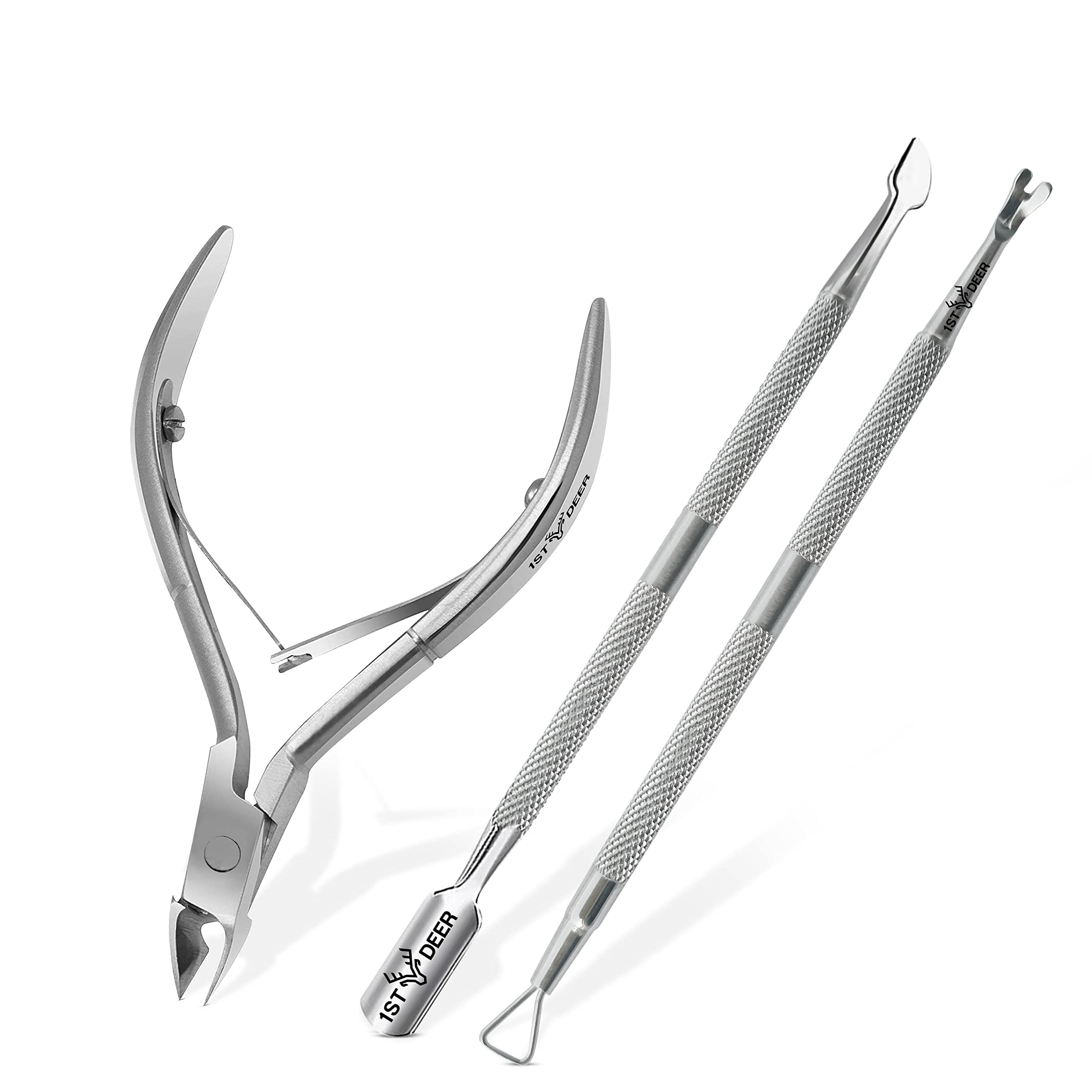 1st Deer Cuticle Cutter, 3 pcs Cuticle Nipper Pusher and Fork, Stainless Steel Nail Cuticle Scissors Clippers and Scraper, Professional Manicure Pedicure Tool for Nail Art, Spa
