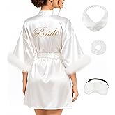 EPLAZA Bride Robe for Wedding Day Bridal Robes Feather Sleeve Satin Kimono Robes Bachelor Party Getting Ready Outfits