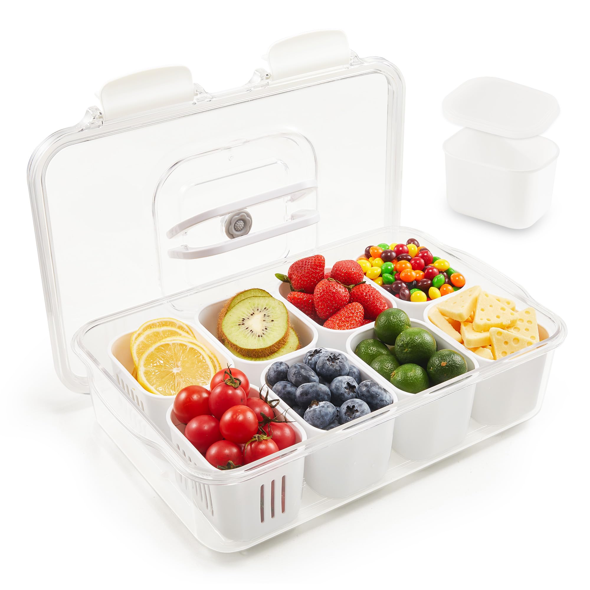 Photo 1 of Snackle Box Container with 9 Lids, Dishwasher and Microwave Safe, Leak-Proof Divided Serving Tray with Lid and Handle, Clear Organizer for Fruits and Snacks - Ideal for Travel, Parties, and Picnics