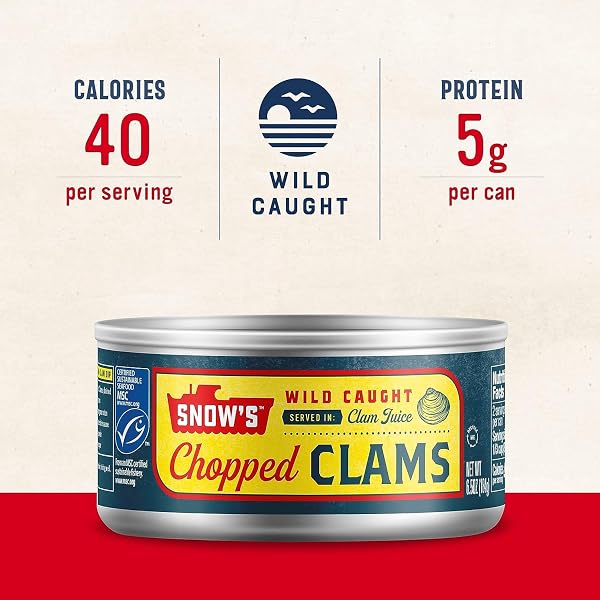 SNOW’S WILD CAUGHT CHOPPED CLAMS CANNED, 6.5 OZ CAN (PACK OF 6) – 5G PROTEIN PER SERVING – KETO FRIENDLY, 99% FAT FREE