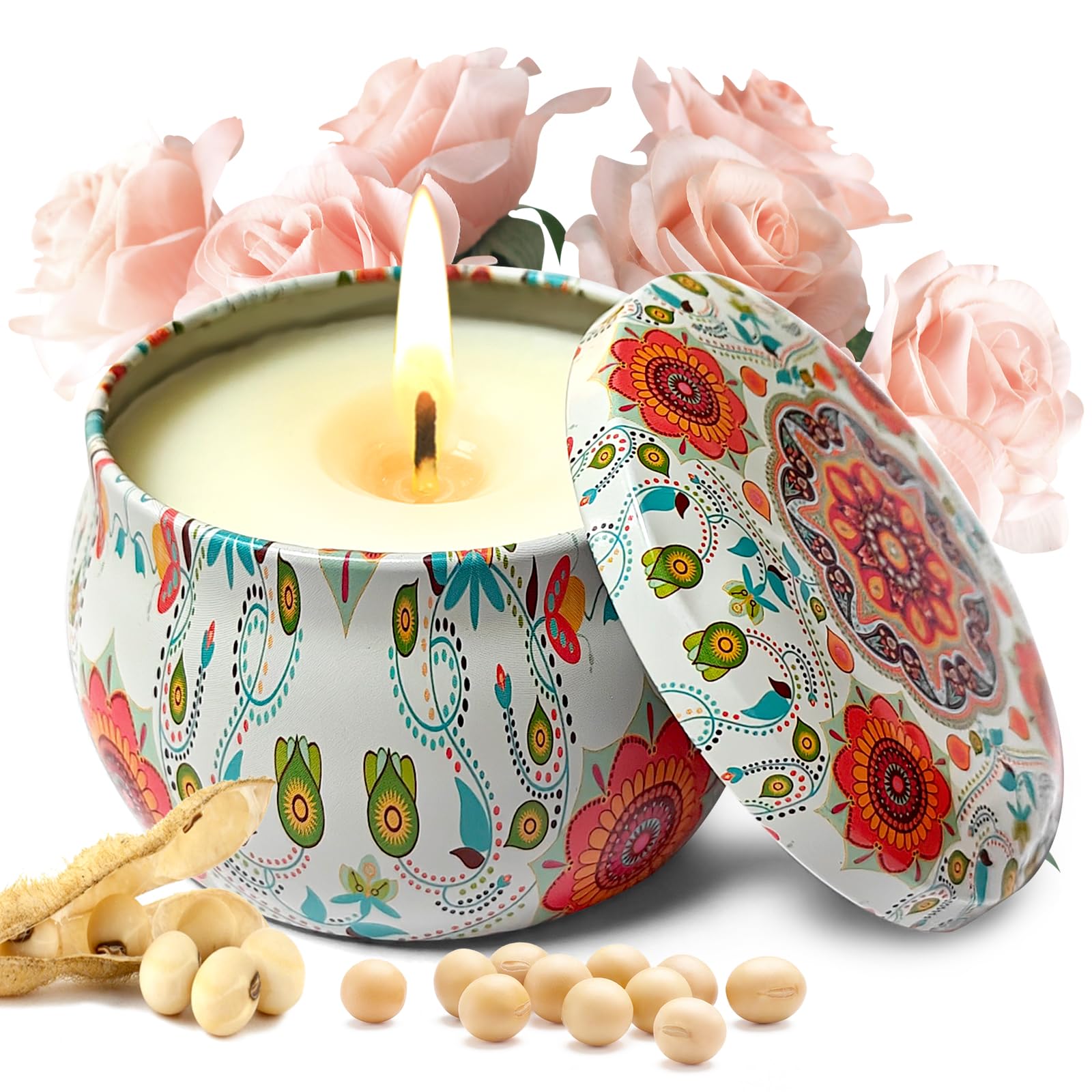 Scented Candles Aromatherapy Gift Set: 1pack Rose Large Size Natural Soy Wax Candle 4.4 Oz Travel Tin Fragrance Relaxing Stress Relief Aroma Home Best Gift for Women
