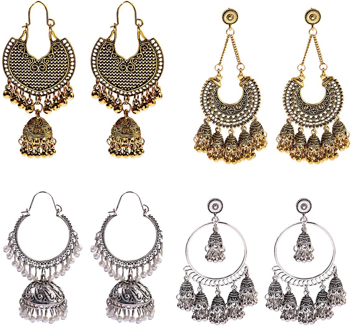4 Pairs Oxidized Gold Silver Indian Jhumka Jhumki Earrings Jewelry Stud Earrings Combo Women Girls