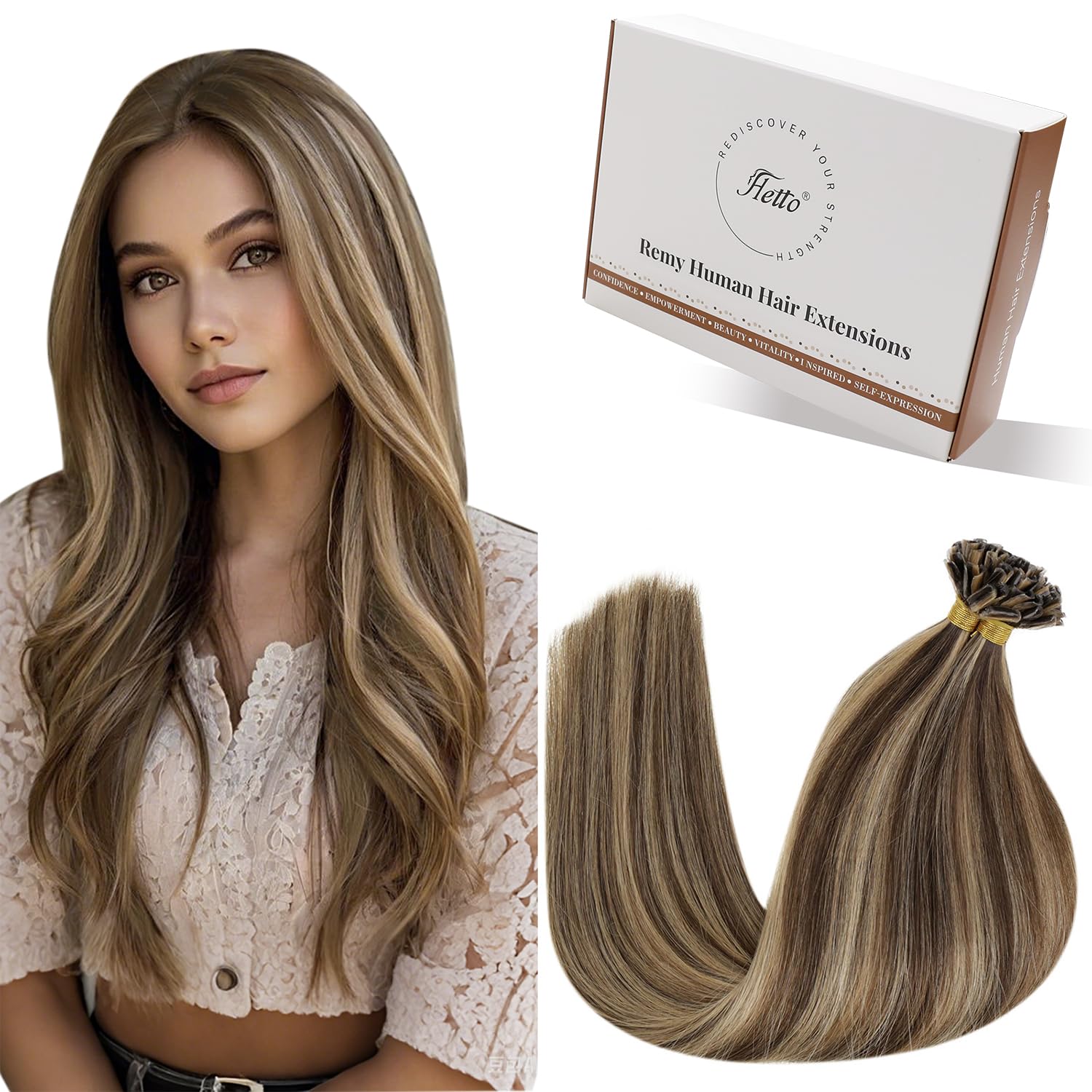 Hetto U Tip Hair Extensions Real Human Hair 18 Inch Brown Mix Blonde Pre Bonded Keratin Remy Hair Extension Hot Fusion Hair Soft for Women Daily Use 50stramds 50g #P4/27 — image 1