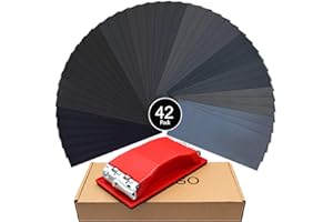 WELLGO Sanding Block With 42 pcs Sandpapers Wet Dry 120 to 3000 Assorted Grits Sandpapers, 9x3.6 Inch Sanding Sheets for Wood