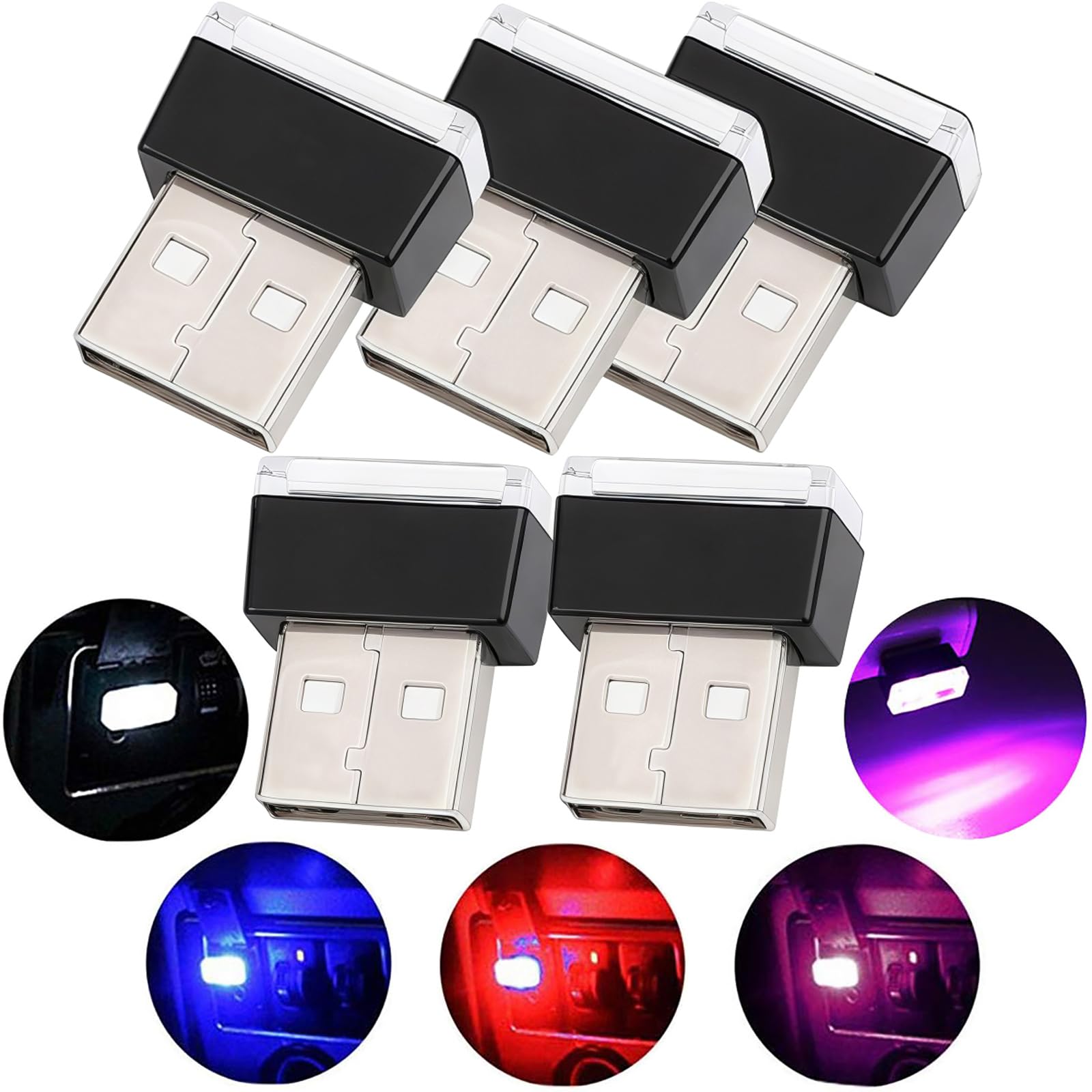 USB Car Interior Lights, 5 Pcs USB Lighting Atmosphere Light Set Interior Decoration for Car, Car Atmosphere Lights(5 Colors, Red/Blue/Pink/White/Ice Blue)