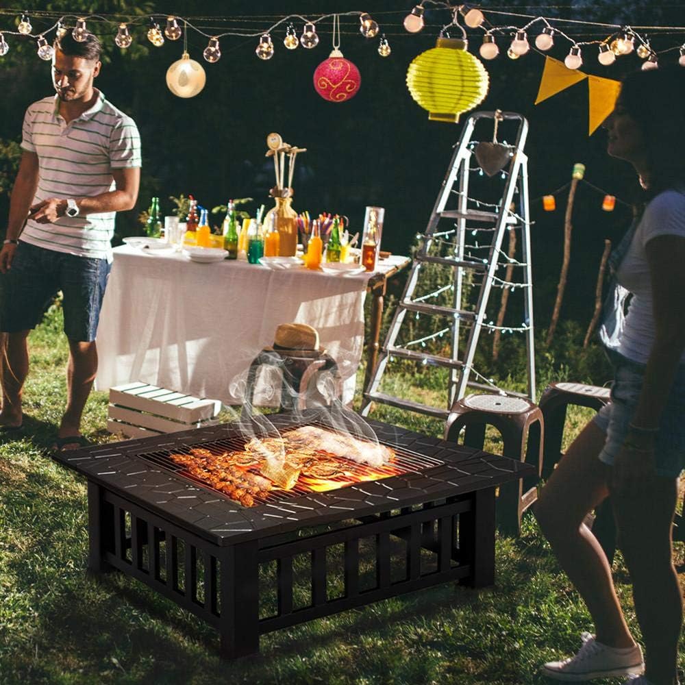 YAHEETECH 32in Outdoor Metal Firepit Square Table Backyard Patio Garden Stove Wood Burning Fire Pit with Spark Screen, Log Poker and Cover: Sports & Outdoors