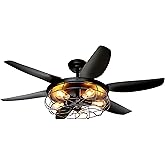 Ohniyou Ceiling Fans with Lights and Remote - 52 Inch Farmhouse Ceiling Fan with Caged Light Fixture - Black Industrial Outdo