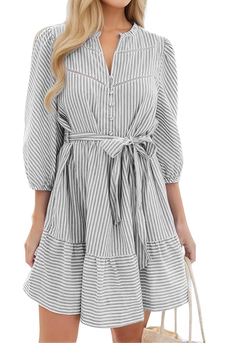 Angashion Women Striped Shirt Dress: Casual V Neck Button Down 3/4 