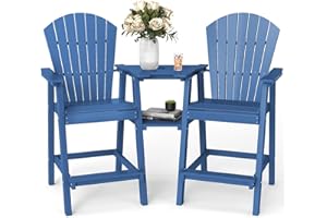 FOOWIN Tall Adirondack Chair Set of 2, All Weather HDPE Bar Height Adirondack Chair with Double Connecting Trays, Adirondack Barstools for Balcony, Deck, Backyard, Patio, Garden Navy Blue