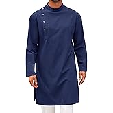 Runcati Mens Kaftan Thobe Robe Long Sleeve Cotton Henley Shirt Casual Muslim Gown Salwar Kurta