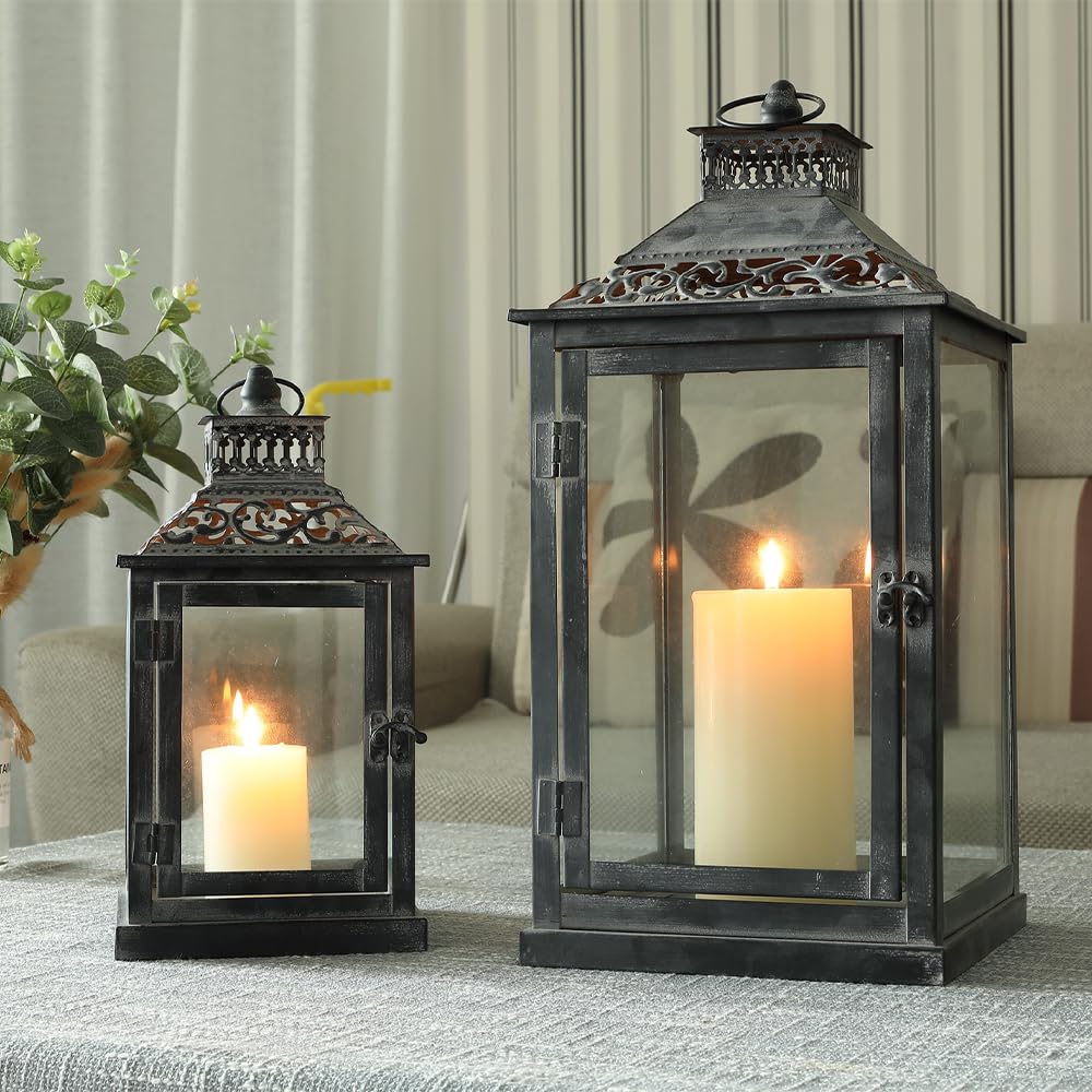 JHY DESIGN Set of 2 Large Lanterns, 41cm&27cm High Metal Canldestickss for Indoor Outdoor Hallway Grave, Vintage Hanging Candle Holder Living Room Garden Balcony Yard Gift(Black with Grey Brush)