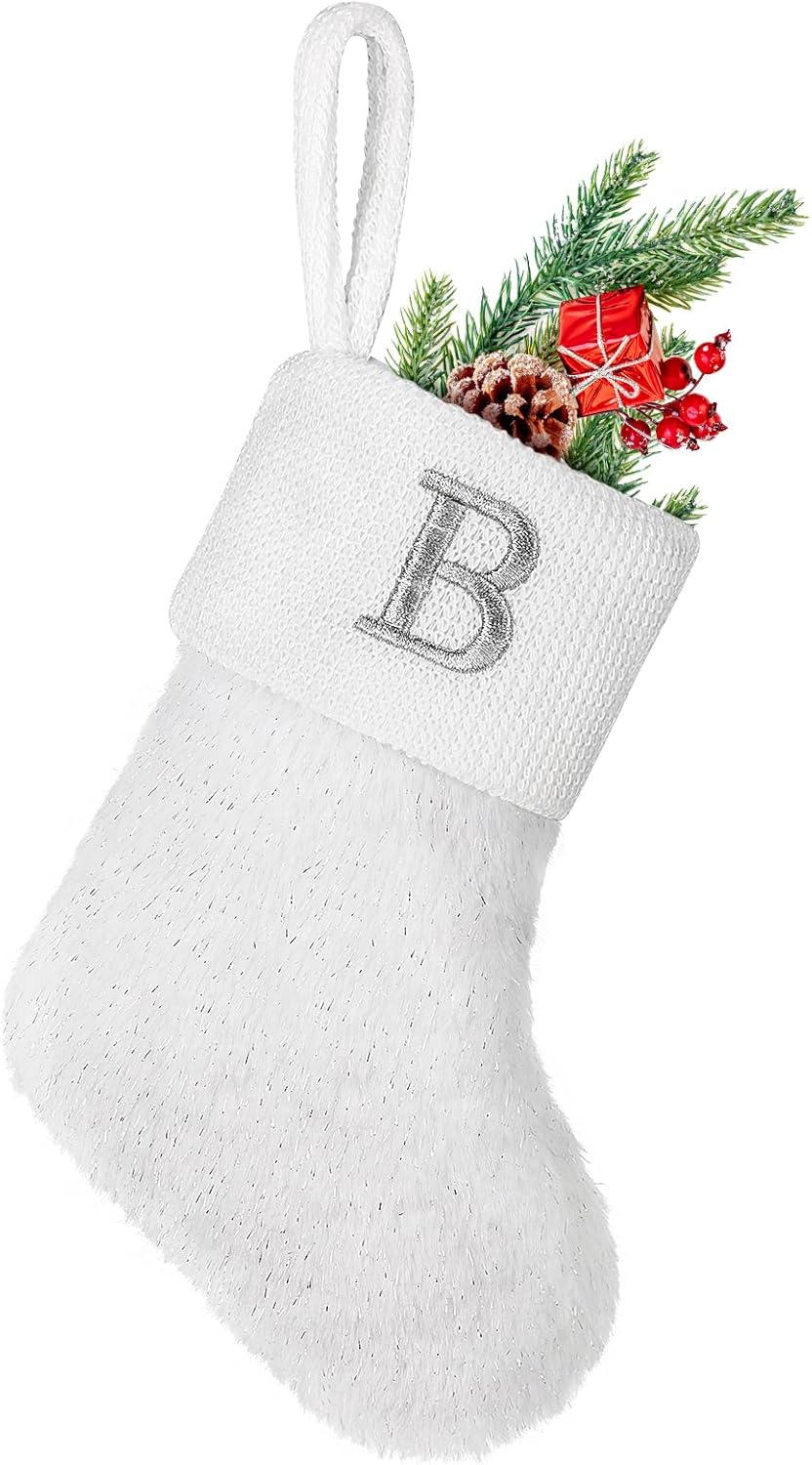 Stockings & Holders - 7 inches Initial Monogram Christmas Stocking White Personalized Christmas Stockings with Embroidered Letters Super Soft Initial Christmas Stocking for Xmas Holiday Christmas Tree Fireplace Decor(B)