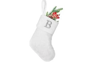 YOIRRAT 7 inches Initial Monogram Christmas Stocking White Personalized Christmas Stockings with Embroidered Letters Super Soft Initial Christmas Stocking for Xmas Holiday Christmas Tree Fireplace Decor(B)