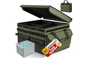 WINHUNT Car Trunk Organizer, Car Storage Organizer with Waterproof Bag Collapsible Multi Compartment for Car, Suv, Sedan, Truck, Aluminium Handle (Extra Large 80L, Army Green)