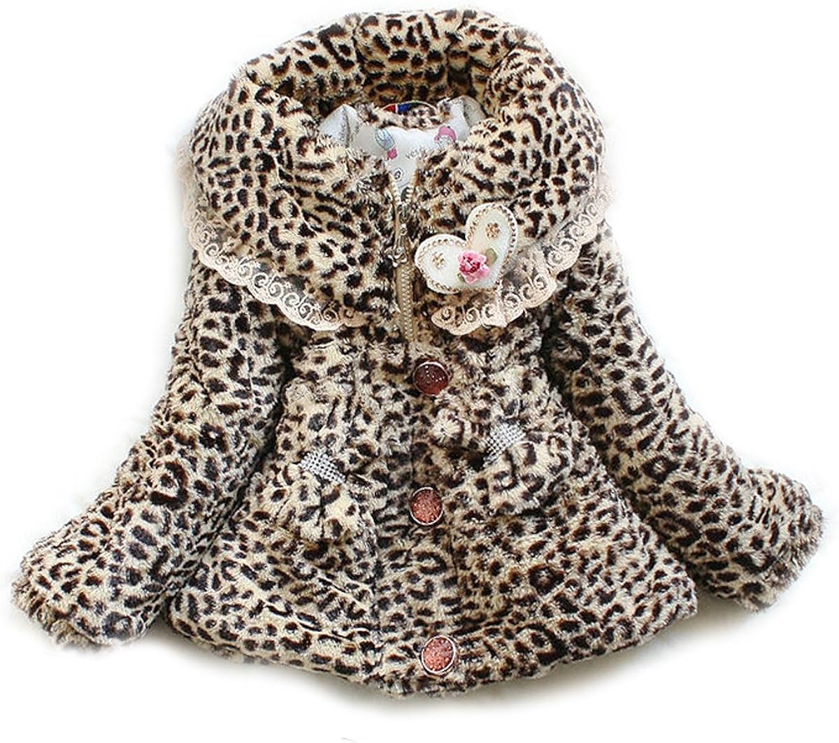 SOPO Leopard Faux Fur Winter Jacket Flower Lace Baby Girls