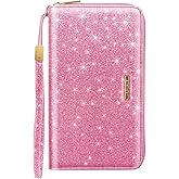 Simikol Large Capacity Wallets for Women RFID Blocking Leather Zip Around Phone Purse Ladies Travel Credit Card Clutch with Wristlet, Glitter Peach