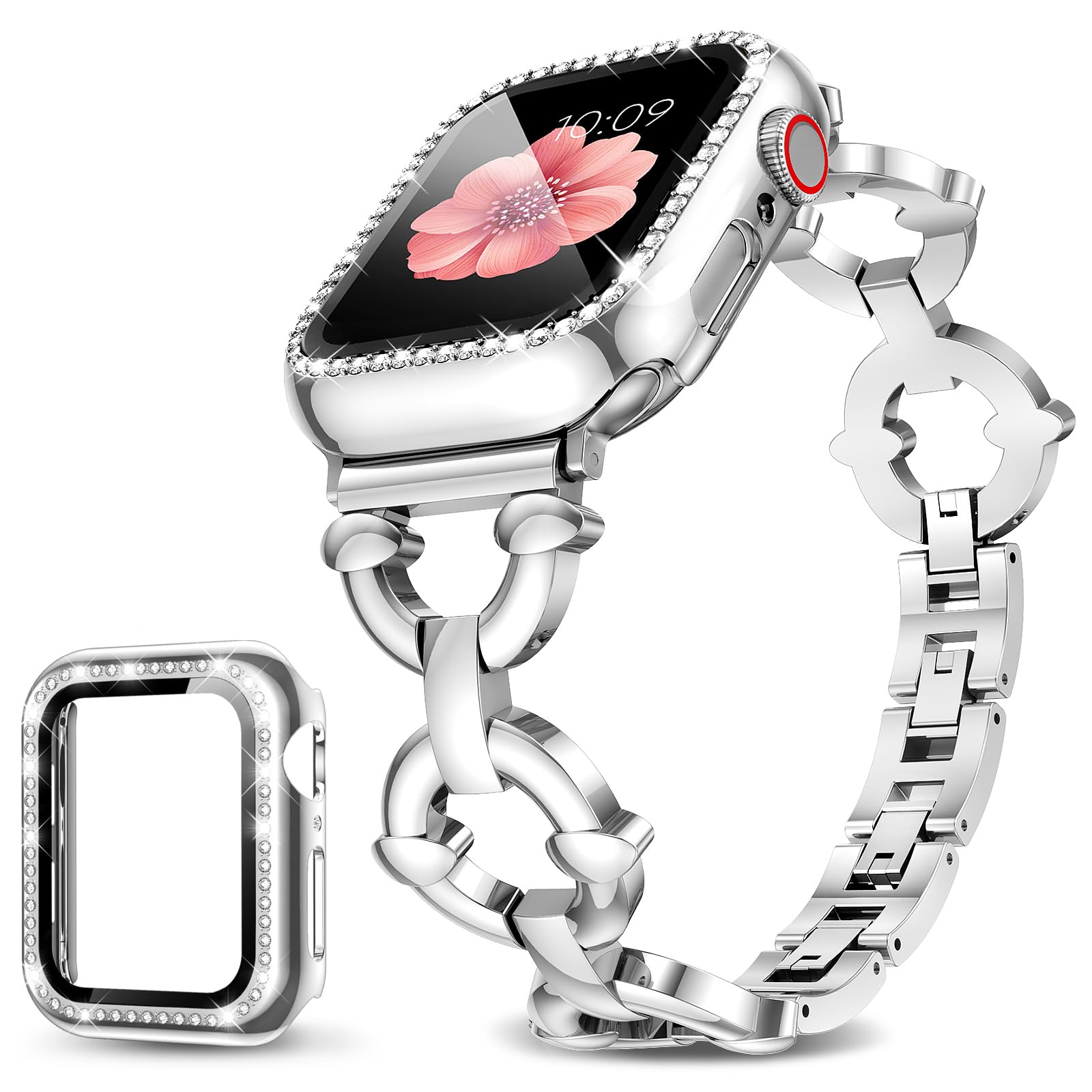 Mesime Compatible with Apple Watch Band 38mm 40mm 41mm 42mm 44mm 45mm 46mm, Women Bling Jewelry Bands with Tempered Glass Screen Protector Case, Shiny Strap for iWatch Series 11/10/9/8/7/6/5/4/3/2/1/SE