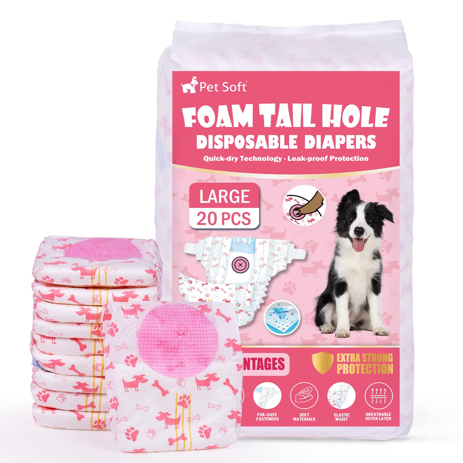 Pet Soft Dog Nappies Female, 20 Count Disposable Dog Pants Female Large, Super Absorbent Disposable Dog Diapers for Girl Dogs in Season/Heat/Incontinence with Adjudtable Tail Hole (L 20Count)